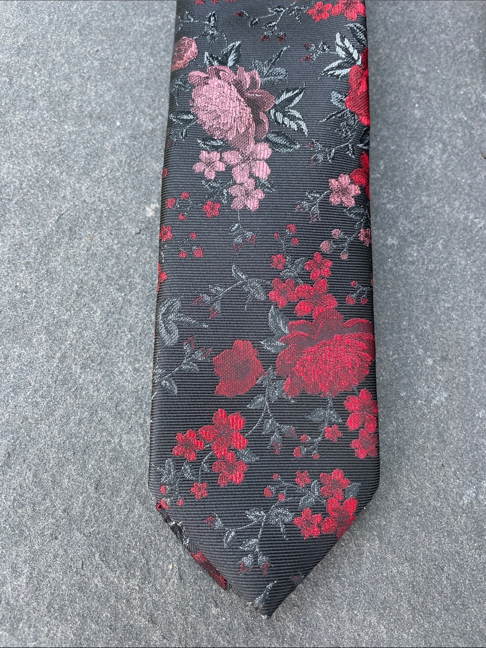 Bar III Black Tie with Red and Pink Floral Jacquard Pattern
